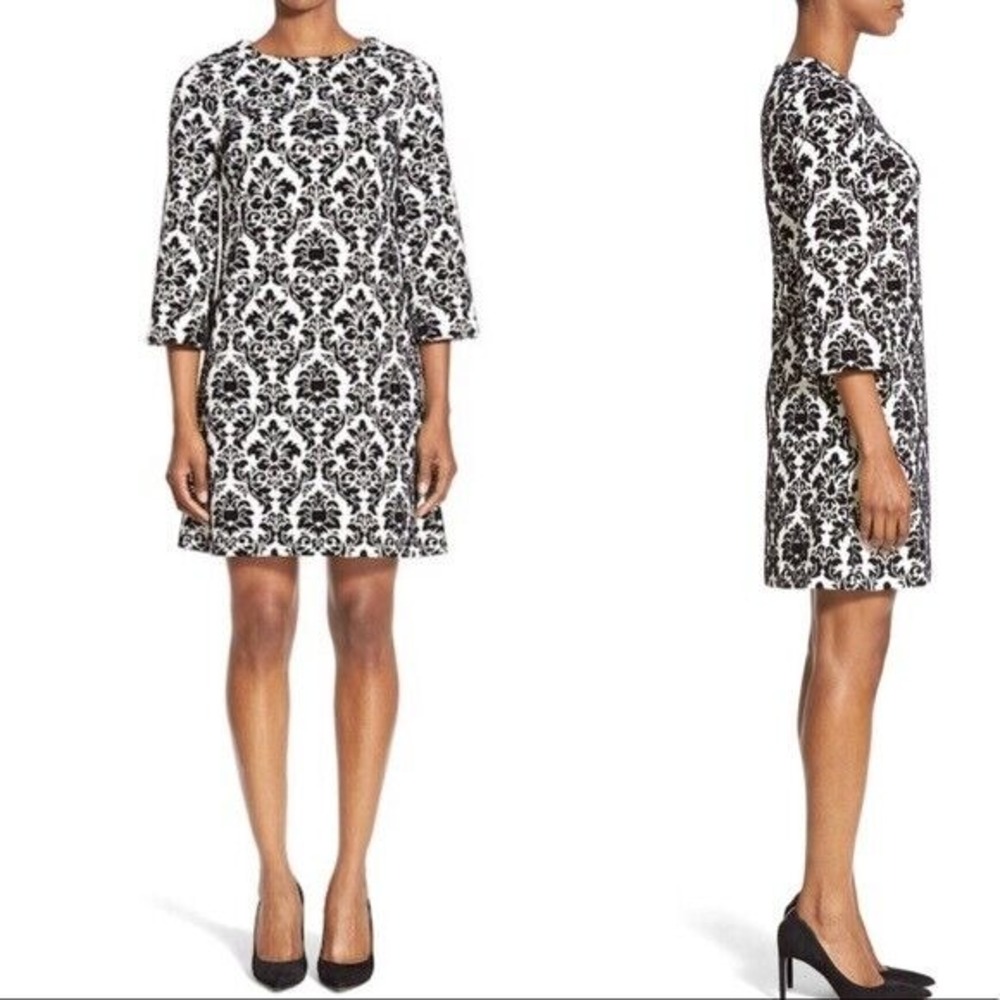 CeCe Cynthia Steffe 4 White Black Velvet Damask Ponte‎ Cocktail Sheath Dress